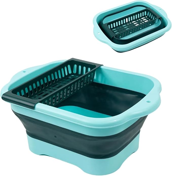 Collapsible Dish Basin with Portable Sink, 11L(2.91 Gallon) Collapsible Bucket with Drain Plug for Dish Pan and Vegetable, Wash Basin for Station Campin/Camping/Rv/Kitchen(Green)