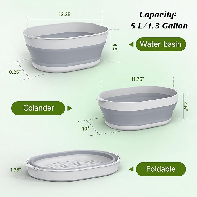 2 in 1 Collapsible Sink Basin - 5.3 QT Foldable Fruit Washing Bowl with Strainer - Silicone Collapsible Colander for Kitchen Organization RV Camping