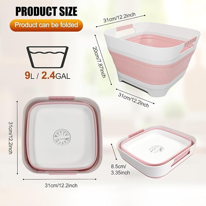 2.4 Gal(9L) Collapsible Dish Basin Bucket with Drain Plug Portable Sink Space Saving Multiuse Bottle Washing Basin Foldable Sink Tub for Kitchen Camping RV Vegetable Washing Dishes Pink