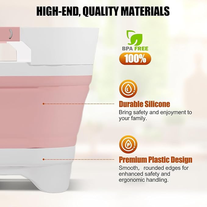 2.4 Gal(9L) Collapsible Dish Basin Bucket with Drain Plug Portable Sink Space Saving Multiuse Bottle Washing Basin Foldable Sink Tub for Kitchen Camping RV Vegetable Washing Dishes Pink