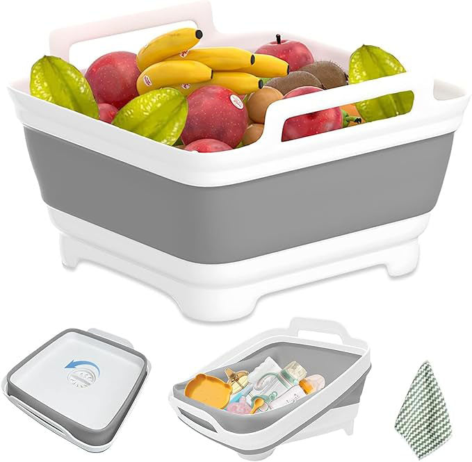 2.4 Gal(9L) Collapsible Dish Basin,Basin for Baby Bottles,Collapsible Kitchen Sink with Drain,Laundry Tub,Dish Tubs, Camping Sink Foldable, Kitchen Storage Tray for Camping, Vegetable Washing