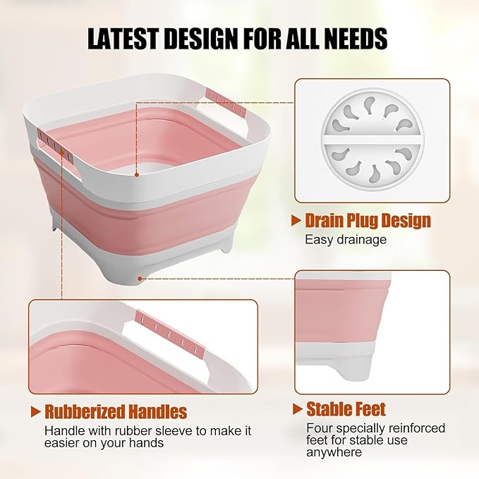 2.4 Gal(9L) Collapsible Dish Basin Bucket with Drain Plug Portable Sink Space Saving Multiuse Bottle Washing Basin Foldable Sink Tub for Kitchen Camping RV Vegetable Washing Dishes Pink