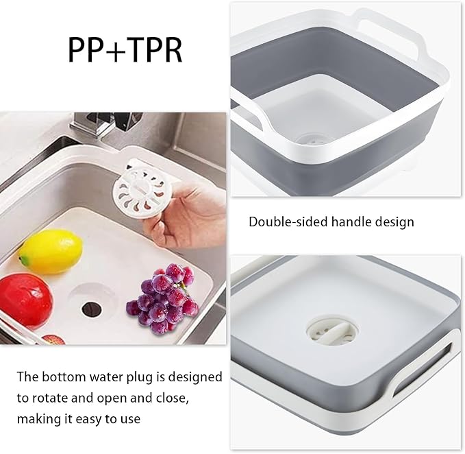 2.4 Gal(9L) Collapsible Dish Basin,Basin for Baby Bottles,Collapsible Kitchen Sink with Drain,Laundry Tub,Dish Tubs, Camping Sink Foldable, Kitchen Storage Tray for Camping, Vegetable Washing