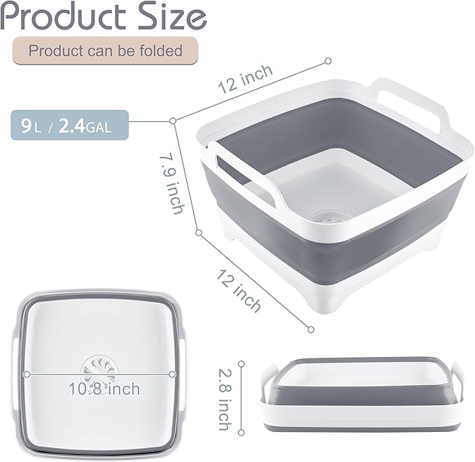 2.4 Gal(9L) Collapsible Dish Basin with Drain Plug, Space Saving Outdoor Multiuse Foldable Sink Tub, Dishpan, Kitchen Storage Tray for Camping, Vegetable Washing, RV (Gray)