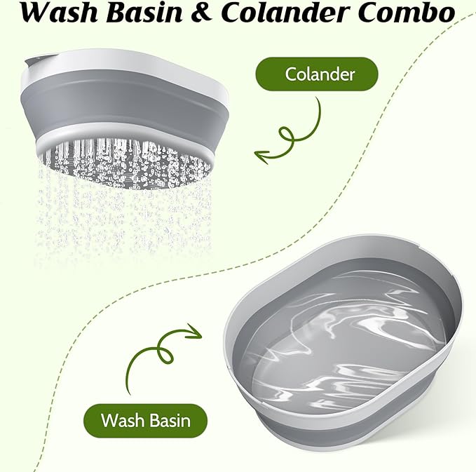 2 in 1 Collapsible Sink Basin - 5.3 QT Foldable Fruit Washing Bowl with Strainer - Silicone Collapsible Colander for Kitchen Organization RV Camping