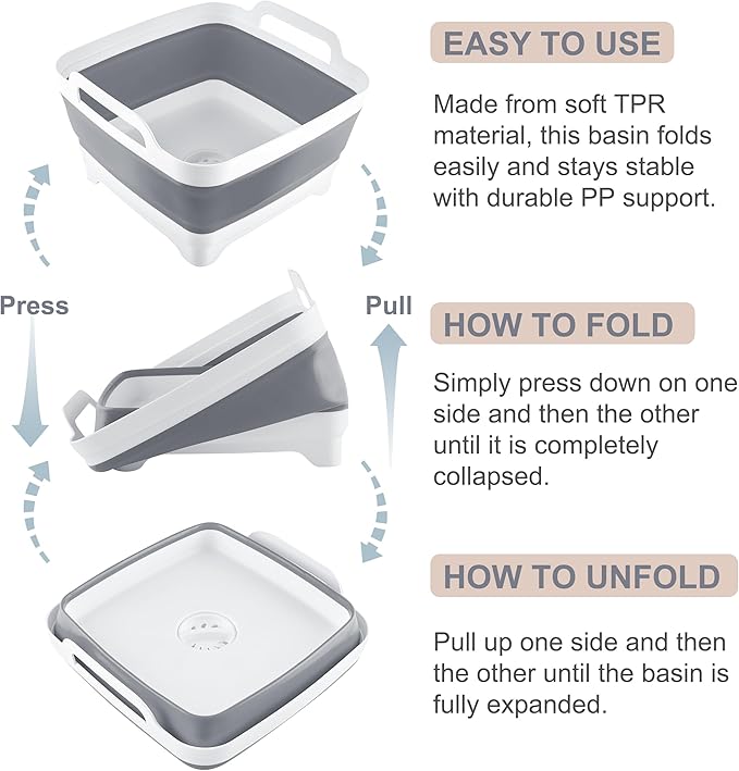 2.4 Gal(9L) Collapsible Dish Basin with Drain Plug, Space Saving Outdoor Multiuse Foldable Sink Tub, Dishpan, Kitchen Storage Tray for Camping, Vegetable Washing, RV (Gray)