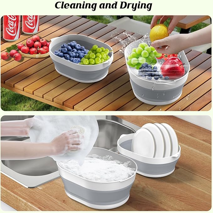 2 in 1 Collapsible Sink Basin - 5.3 QT Foldable Fruit Washing Bowl with Strainer - Silicone Collapsible Colander for Kitchen Organization RV Camping
